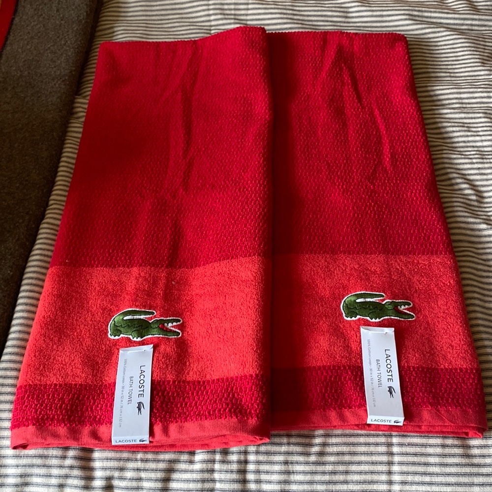 NWT Lacoste Red bath towel set of 2